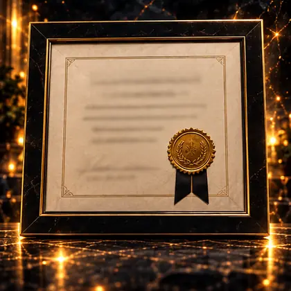 Un diploma enmarcado con sello y listón.