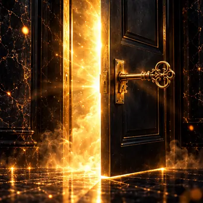 Una puerta pesada entreabierta por la que sale luz.