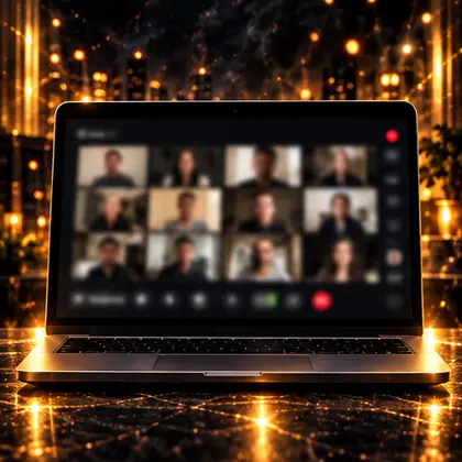 Una laptop con una videollamada de grupo y el punto rojo de en vivo.